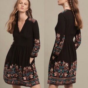 Anthropologie FLOREAT Avery Embroidered Pullover Pockets Black Boho Dress sze XS